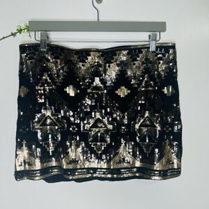 Express Black Gold Sequins Mini Skirt Aztec Sz L